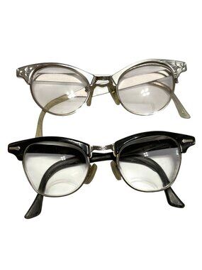 Vtg 1950s Cat Eye Horn Rimmed Eyeglasses Pair Of 2 Silver & Black Frames Women’s